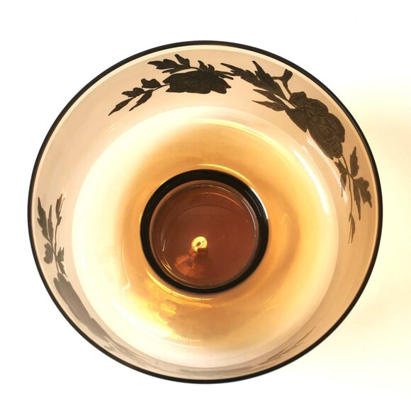 Amber Glass Vintage Gold Floral Accents Serving Dish Gold Gilt Band - Picture 7 of 9